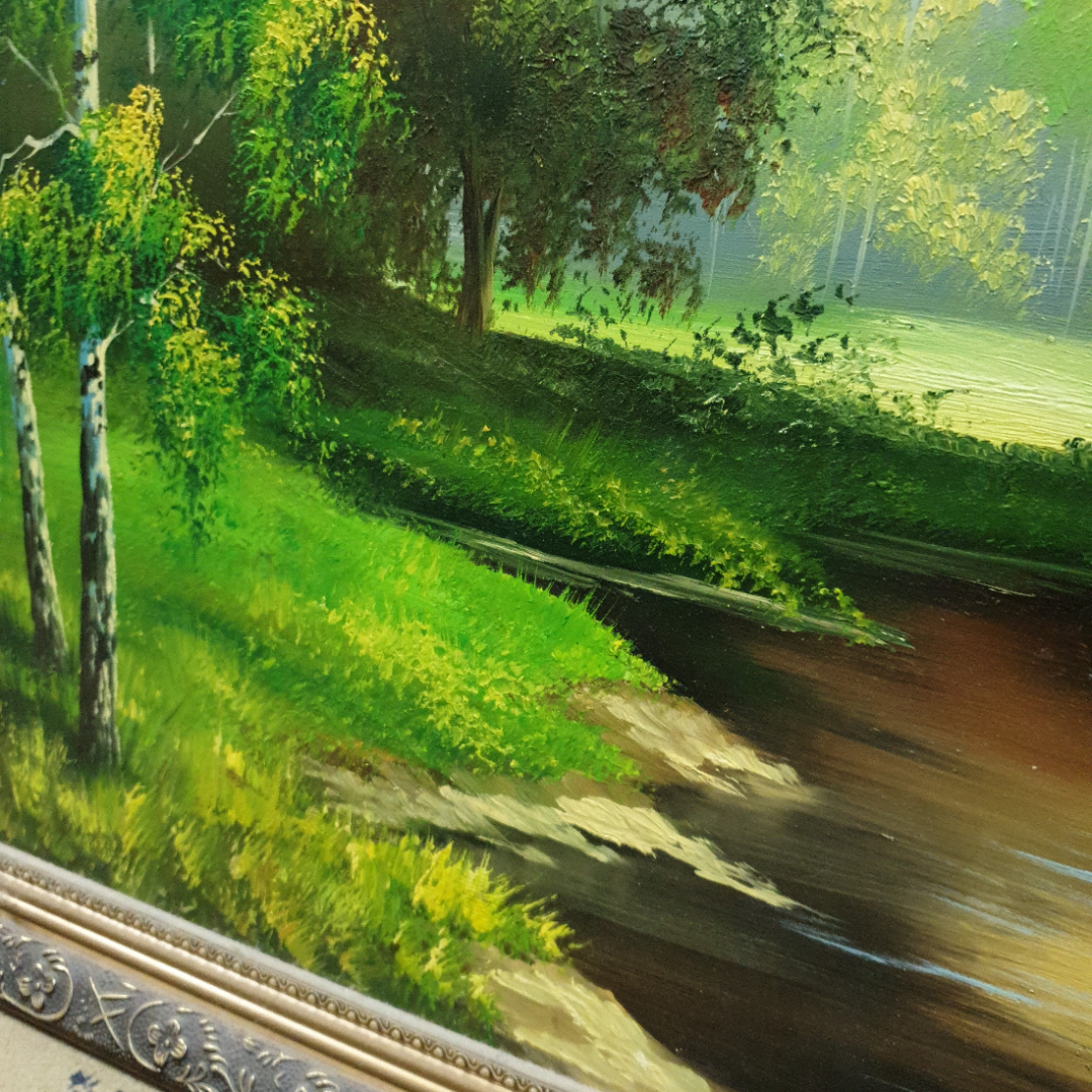 Картина "Лошадь у воды", масло на фанере, А. Лычковская, размер полотна 88х50 см. Скол на рамке. Картинка 7